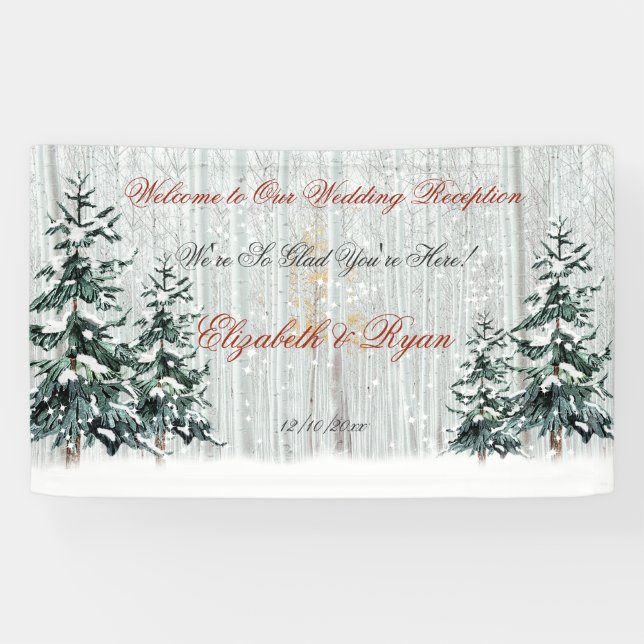Banderoles Hiver Merveilles Mariage BirchTrees Stars Neige (Horizontal)