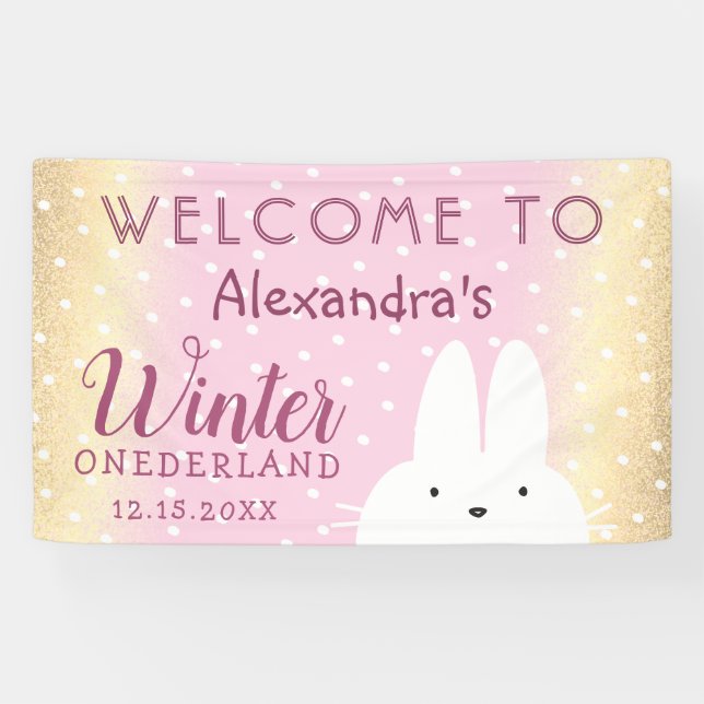Banderoles Hiver Onederland 1er anniversaire Lapin rose et or (Horizontal)