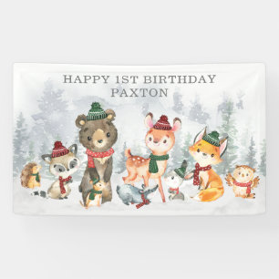 Banderoles Hiver Onederland Forêts Animaux Joyeux Anniversai