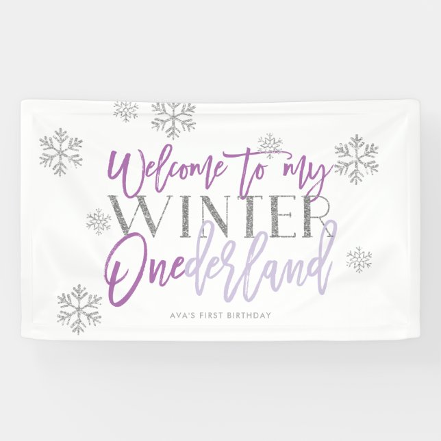 Banderoles Hiver ONEderland Parties scintillant d'argent Affi (Horizontal)