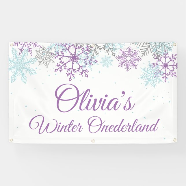 Banderoles Hiver Onederland Purple Flèches bleues (Horizontal)