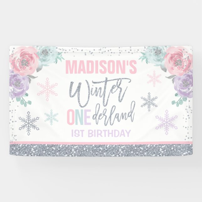 Banderoles Hiver ONEderland rose 1er anniversaire Décorations (Horizontal)