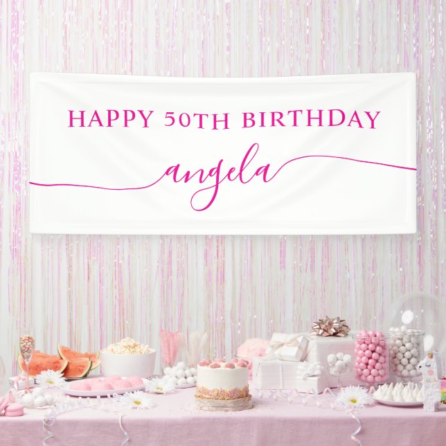 Banderoles Hot Pink Happy 50th Birthday Glam Signature Nom (Fête)