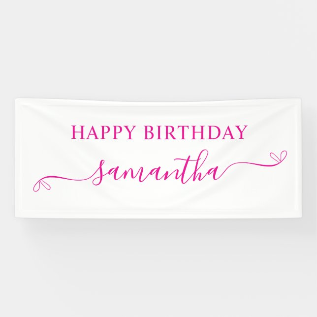 Banderoles Hot Pink Happy Birthday Cute Bow Signature Nom (Horizontal)