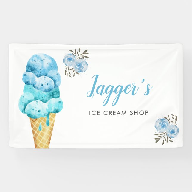 Banderoles Ice Cream Shop Blue Floral fête d'anniversaire (Horizontal)