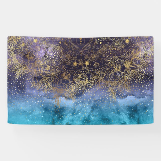Banderoles Image florale de mandala et de confettis d'or (Horizontal)