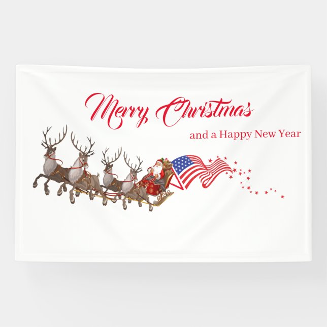 Banderoles Indoor Banner Santa Reindeer US Flag Christmas (Horizontal)