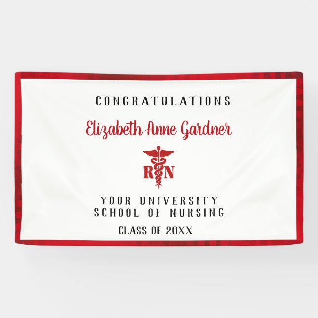 Banderoles Infirmière diplômée Caduceus Bordure satinée rouge (Horizontal)