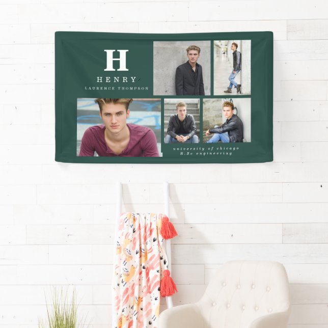 Banderoles Initiale multi photo diplômé faire-part vert ba (En situation)