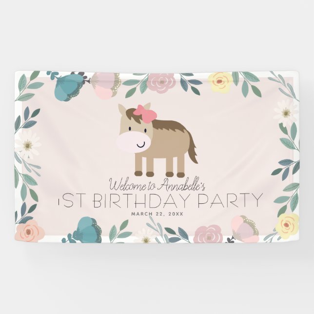 Banderoles Jardin rose Floral Cheval Fille Anniversaire Bienv (Horizontal)