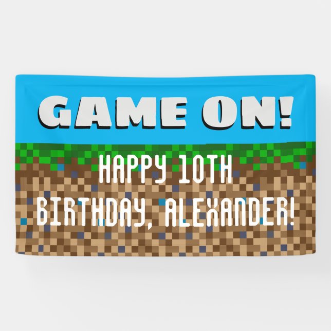 Banderoles Jeu Sur Pixeleleled Bloc D'Herbe Jeu Anniversaire (Horizontal)