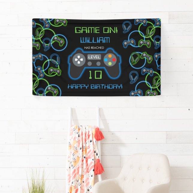 Banderoles Jeu vidéo Neon Blue & Green Anniversaire Party (En situation)