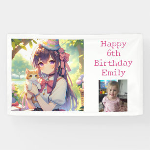 Banderoles Joli Anime Holding Kitten Girl'Anniversaire