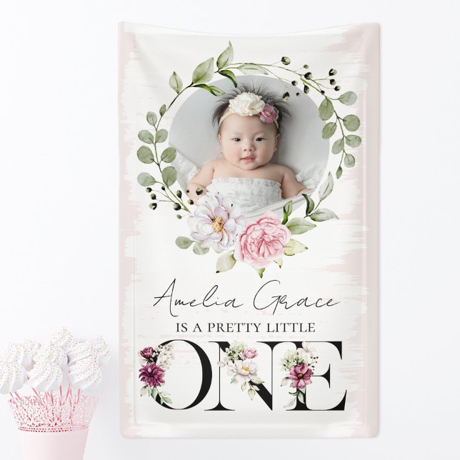 Banderoles Joli Blush Floral ONE First Birthday Photo bébé (Créateur téléchargé)