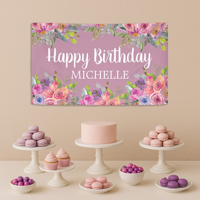 Banderoles Joli nom d'anniversaire mou rose rose (Pretty purple and pink watercolor floral birthday party banner)