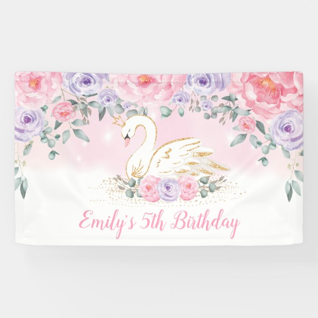 Banderoles Joli Swan Princess Pink Purple Accueil Anniversair (Horizontal)