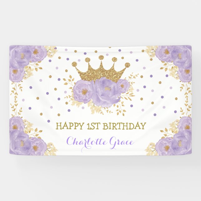 Banderoles Jolie Couronne Florale d'or violet princesse Anniv (Horizontal)