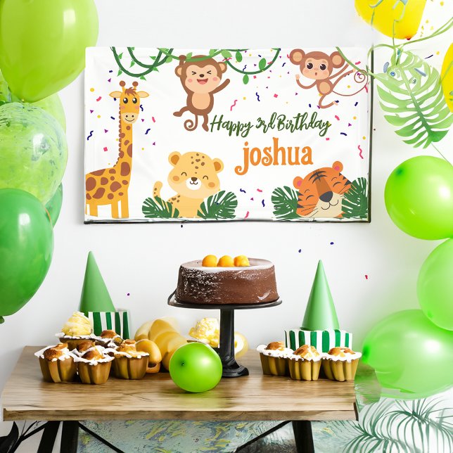 Banderoles Jolie fête animalière dans la jungle (Cute jungle animal party personalized banner tiger leopard giraffe monkey birthday party banner)