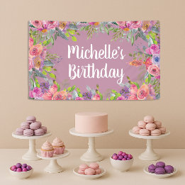 Banderoles Jolie Fleur d'anniversaire aquarelle rose violet 
