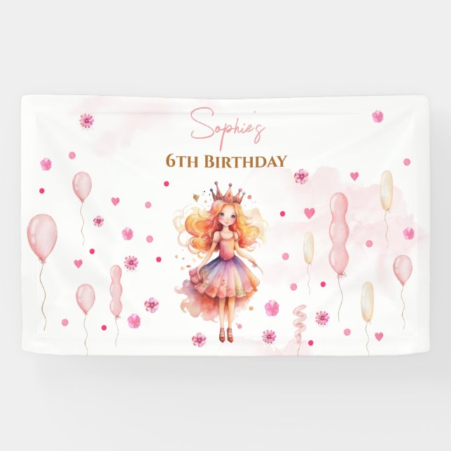 Banderoles Jolie princesse rose et ballons anniversaire (Horizontal)