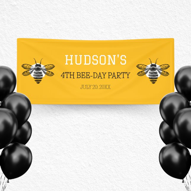 Banderoles Jour d'abeilles Jaune moderne 4e fête d'anniversai (Modern Yellow Bee Day 4th Fourth Birthday Party Banner)