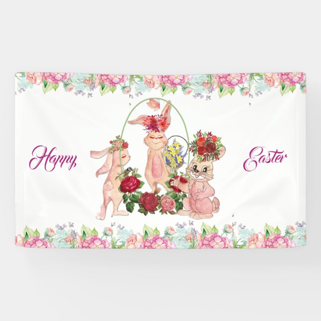 Banderoles Joyeuse fête de la couronne florale de lapin de Pâ (Horizontal)