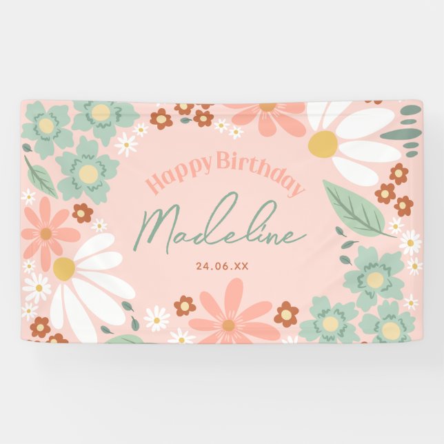 Banderoles Joyeuses Filles d'anniversaire mignonne rose pâle (Horizontal)