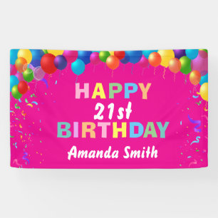 Banderoles Joyeux 21e anniversaire ballons colorés rose chaud