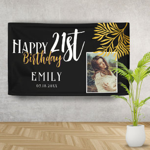 Banderoles Joyeux 21e Anniversaire Fond de Photo Feuillage Do