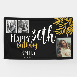 Banderoles Joyeux 30e Anniversaire Fond avec Feuillage Doré e