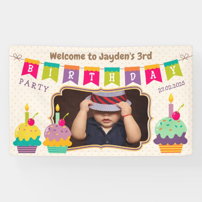 Banderoles Joyeux 3e anniversaire Colorful Cupcakes Bunting P (Horizontal)