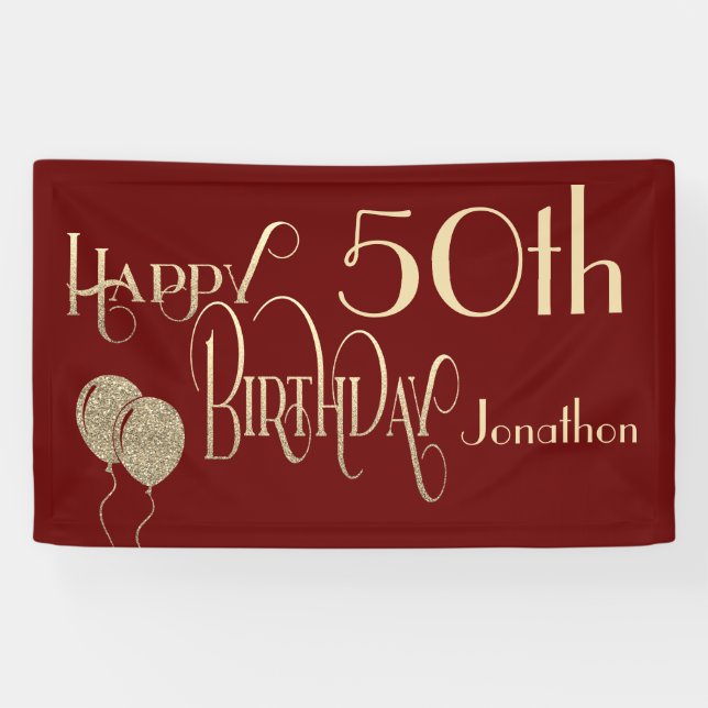 Banderoles Joyeux 50e anniversaire Nom Gold Texte Bourgogne (Horizontal)