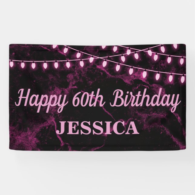 Banderoles Joyeux 60e anniversaire rose lumières noir (Horizontal)