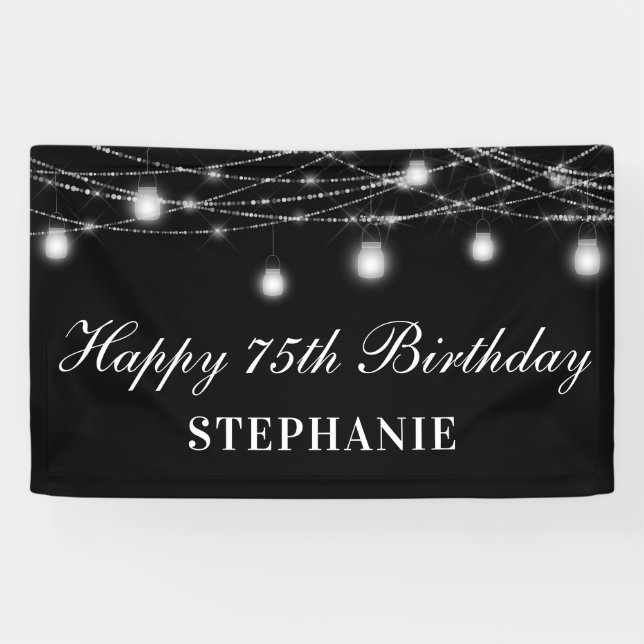 Banderoles Joyeux 75e anniversaire Mason Jars Lumières Noir B (Horizontal)