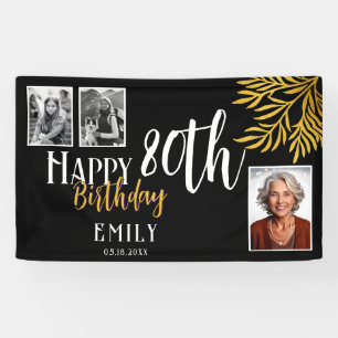 Banderoles Joyeux 80e Anniversaire Fond avec Feuillage Doré 3