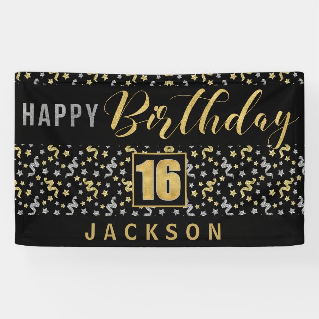 Banderoles Joyeux anniversaire 16 avec nom Noir et Or (Horizontal)