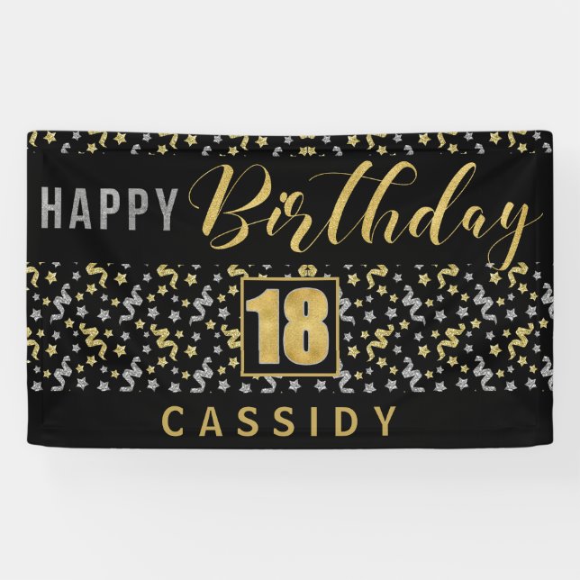 Banderoles Joyeux anniversaire 18 avec nom Noir et Or (Horizontal)