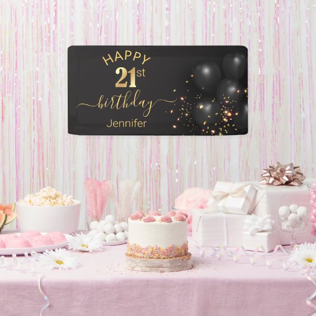 Banderoles joyeux anniversaire 21 or ballons noirs confetti (Fête)