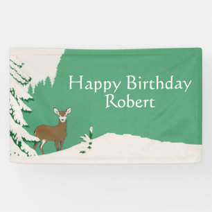 Banderoles Joyeux Anniversaire Brown Doe Cerf Pine Vert Neige