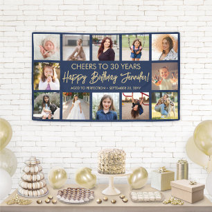 Banderoles Joyeux Anniversaire Collage Photo Moderne Bleu Nui
