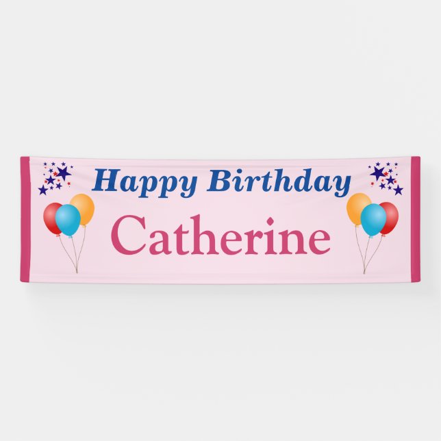 Banderoles Joyeux Anniversaire Filles Nom Ballons Étoiles N'i (Horizontal)