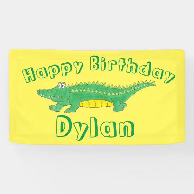 Banderoles Joyeux Anniversaire Jaune Alligator Vert Crocodile (Horizontal)