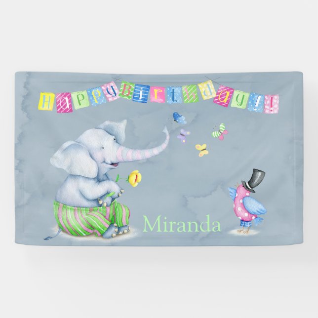 Banderoles Joyeux Anniversaire Joli Eléphant Papillon Enfants (Horizontal)