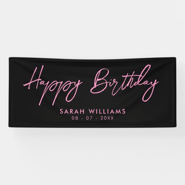 Banderoles Joyeux anniversaire noir et rose Script moderne (Horizontal)