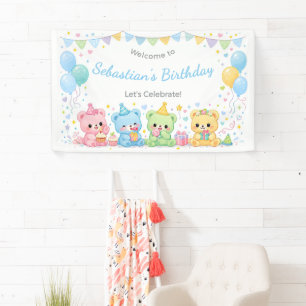 Banderoles Joyeux Anniversaire Oursons Bébés Pastel Bleu Garç