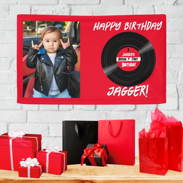 Banderoles Joyeux Anniversaire Rock and Roll Vinyl Record Pho (Vinyl record rock and roll happy birthday photo banner)