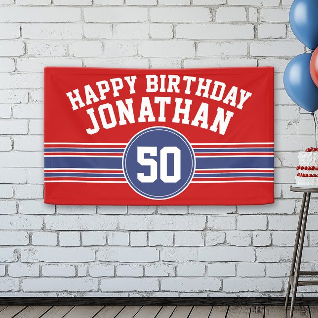 Banderoles Joyeux Anniversaire Sports avec l'âge - Rouge Bleu (Custom Birthday Banner)