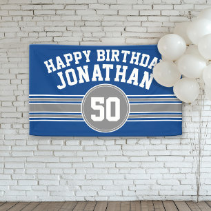 Banderoles Joyeux Anniversaire Sports Stripes Age Blue Argent