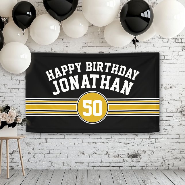Banderoles Joyeux Anniversaire Sports Stripes avec Age Black  (Custom Birthday Banner)