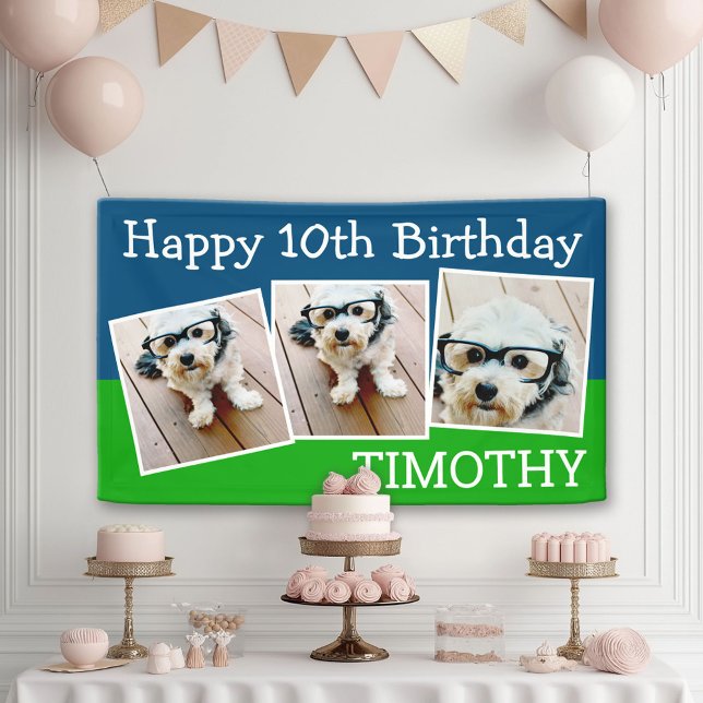 Banderoles Joyeux anniversaire virtuel 3 photos - bleu vert (Custom Birthday Banner)